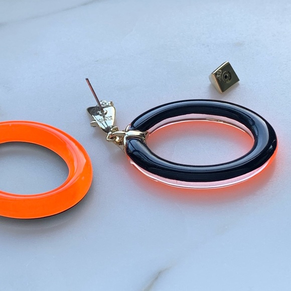 ALEXIS BITTAR • Rare Neon Orange Lucite Liquid Gold Crystal Post Hoop Earrings - Picture 7 of 8